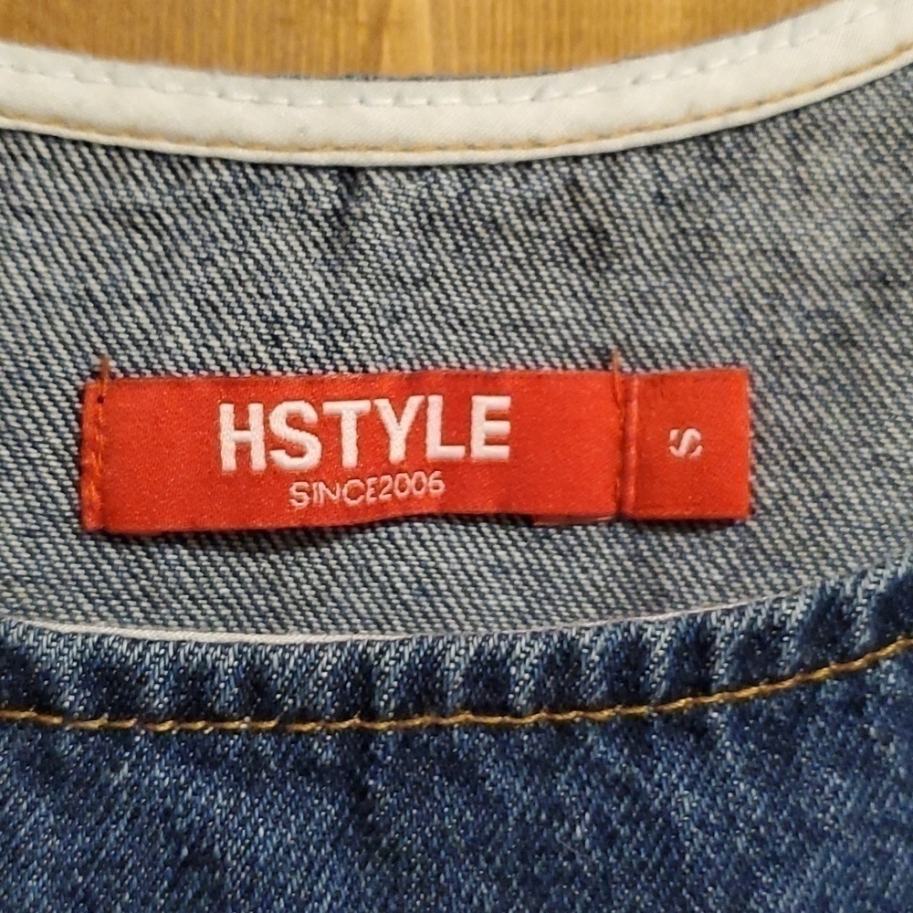 HSTYLE Korean Denim Side Snap Embroidered Patches Mini Dress Size Small - Picture 3 of 13